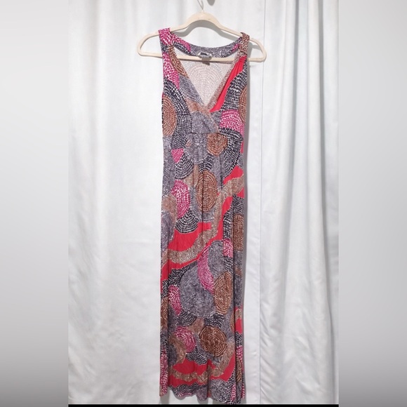 BodenAbstract Print Maxi Dress Red Navy Brown Size 12 - Picture 2 of 5